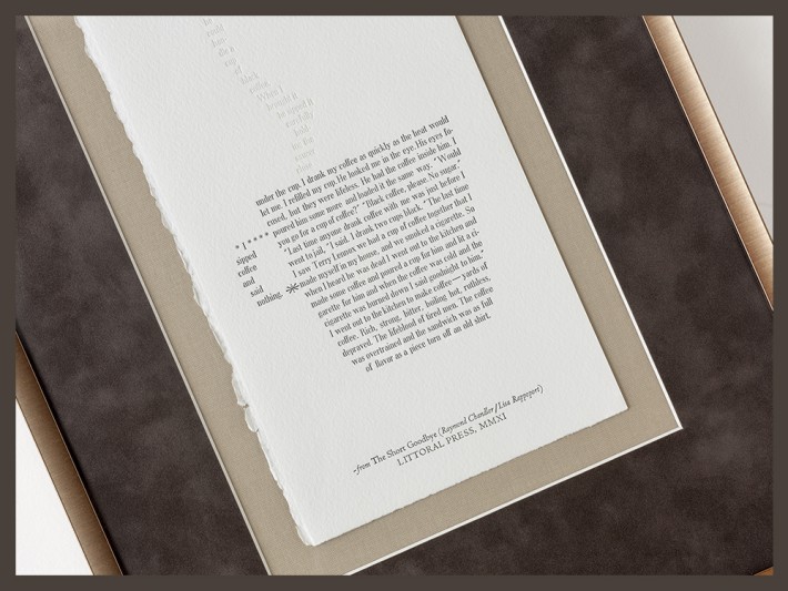 Metal. Suede. Linen. Letterpress. What's not to like? :-) This original letterpress piece is one from an entire book by Littoral Press! Custom framing by Panorama Framing in Oakland.